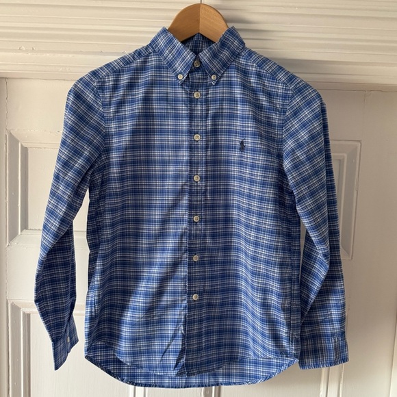Ralph Lauren Performance Blue Plaid Boy's Medium 10-12 Button Down Spring Shirt - Picture 1 of 10